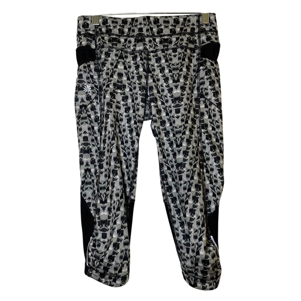 Athleta Womens Black Gray Geometric Mesh Panel Running Capri Leggings Pocket‎